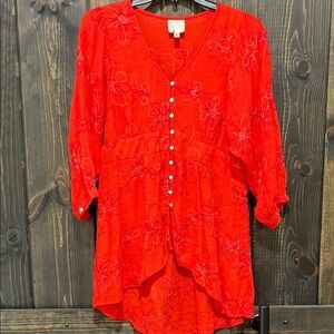 Fig and Flower Boho Embroidered Babydoll Top M Red Floral Boho Peasant Y2K Retro
